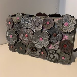 RARE Coach Tea Rose Bag Dinky Applique Grey and Pink Glovetanned Leather